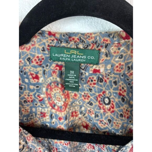 LRL Lauren Jeans Co women's 3X brown patterned gauzy long sleeve button down top - Picture 4 of 7